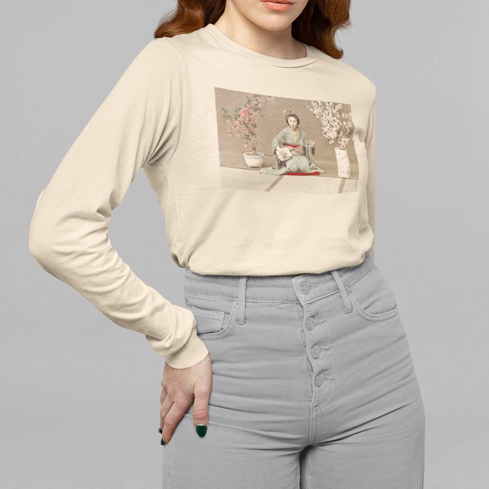 Geisha Playing Samisen VTG Photograph Long Sleeve Graphic Tee T-shirt S M L XL